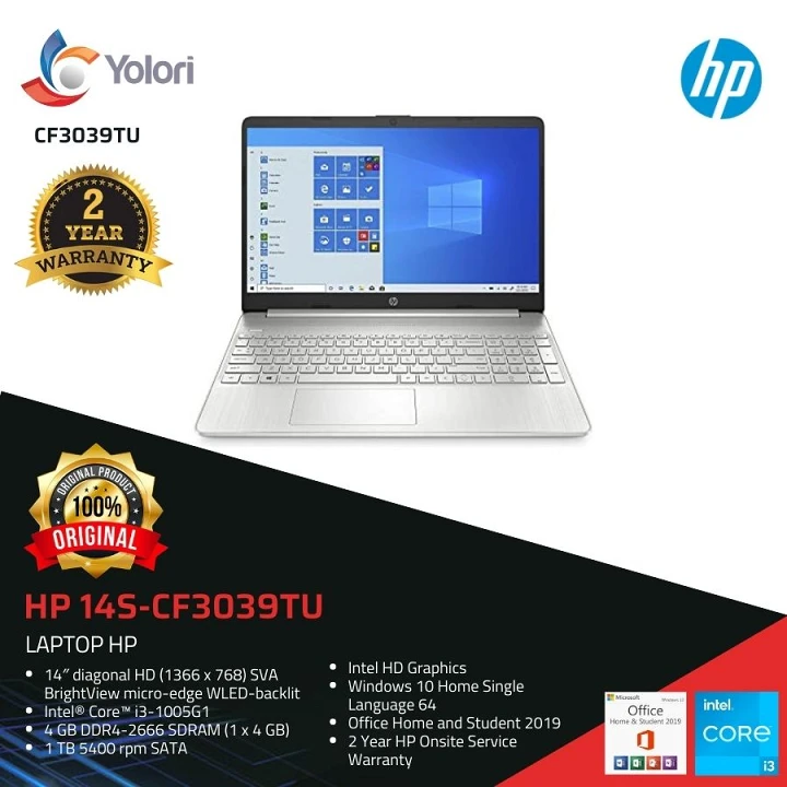 HP 14S-CF3039TU i3-1005G1 4GB 1TB Intel HD Windows 10 OHS 2019